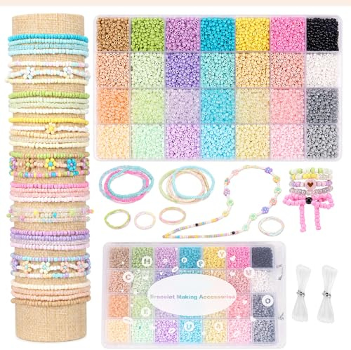 LEMONSTONE 10000 3mm Perlen für Armbänder Selber Machen, 28 Pastell | Elastikfaden & Aufbewahrungsbox, Perlen zum Auffädeln für DIY Halsketten, Ohrringe Freundschaftsarmbänder & Kinder Basteln
