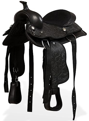 Kaloriko Sillín occidental de piel auténtica de 13 pulgadas negro con cabestro y pechera, estribos de cuero resistentes, correa de sillín ajustable, cómodo sillín para pony y caballo para montar y