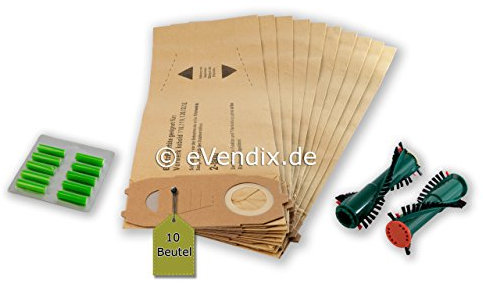 Filterset 10 Staubsaugerbeutel ähnlich FP118-122, Staubbeutel + Rundbürsten kompatibel mit Vorwerk Kobold 118,119, 120, 121, 122