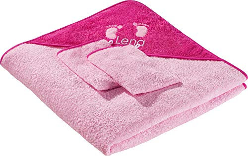Erwin Müller Kinder-Frottierset, Badeset 3-TLG. mit Namen rosa Größe 100x100 cm + 15x21 cm - 1 x Kapuzenbadetuch, 2 x Waschhandschuh, weich und saugstark