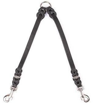 CopcoPet Fettleder-Doppelleine 50 cm x 15mm Schwarz – Koppel & Zwillingsleine für 2 Hunde – Robuste Verbindung mit 2 verchromten Karabinern – Geflochten & langlebig – Für große Hunde