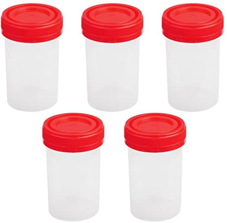 5x 60ml En Plastique Graduee Specimen Tasse Recipient Sterile Avec Couvercle