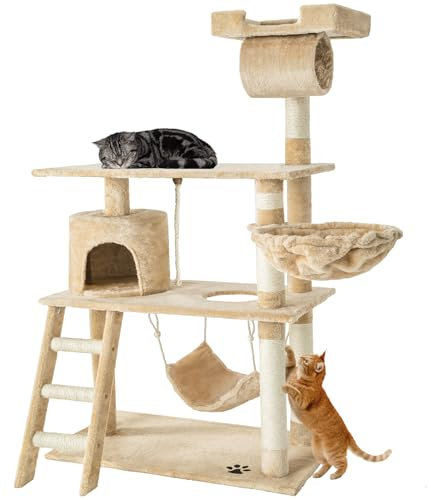 tectake® Multi-Level Cat Tree with Sisal Scratching Posts, Cosy House, Hammock, Basket and Climbing Frame, 141 cm Cat Tower for Kitten and Cats - Beige