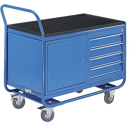 eurokraft | pro | Industrie-Tischwagen | 1 Schubladenschrank | 1 Stahlblechschrank | Vollgummireifen spurlos