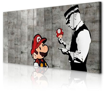 decomonkey Wandbilder Banksy Mario 200x80 cm XXL 5 Teilig Leinwandbilder | Bild auf Leinwand, Kunstdruck, Wanddeko, Wohnzimmer, Wanddekoration, Street Art
