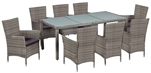 vidaXL 9-TLG. Garten-Essgruppe mit Auflagen Poly Rattan Grau