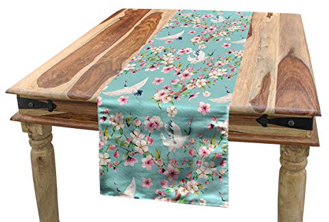 ABAKUHAUS Blumen Tischläufer, Aquarell-Fliegen Kran, Esszimmer Küche Rechteckiger Dekorativer Tischläufer, 40 x 225 cm, Türkis Rosa