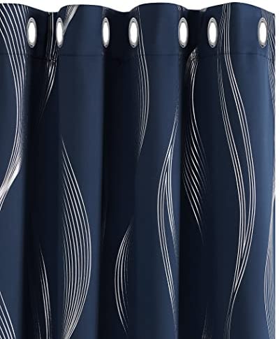 Deconovo Navy Bedroom Blackout Curtains 66 x 54 Inch Wave Line Foil Printed Thermal Insulated Energy Saving Eyelet Curtains for Living Room 66 x 54 Inch Navy Blue 1 Pair