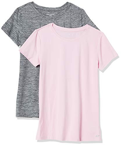 Amazon Essentials T-shirt Stretch et Quick Dry, Col Rond et Manches Courtes (Disponible en Grande Taille) Femme, Lot de 2, Gris Teinture Spatiale/Rose Clair, S