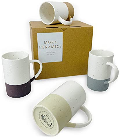 Mora Ceramics Juego de 4 tazas de café de cerámica con asa, aptas para microondas y lavavajillas, perfecto para amantes de tazas o tazas, esmalte mate rústico, tazas de diseño moderno, colores