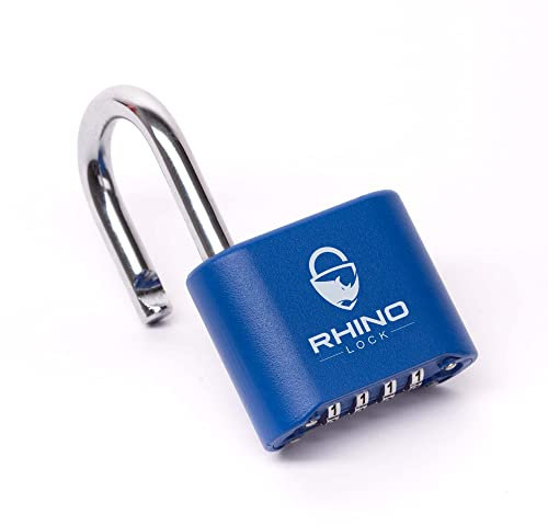 Rhino Lock Sicheres Schloss – Blaues 4-stelliges Zahlen-Vorhängeschloss für Schließfächer im Fitnessstudio, Schule und Arbeit; codiert und geeignet für den Außenbereich mit Zäunen, Haspen, Schuppen