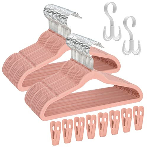 Tinfol Perchas de Terciopelo Rosa 60 Paquetes, Perchas Antideslizantes para Bebé con 8 Clips de Terciopelo, Perchas Ultra Finas Que Ahorran Espacio para Ropa de Niños, Ropa de Recién Nacidos