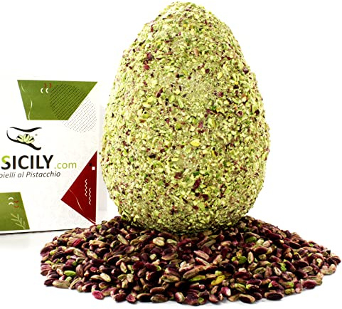 DOSICILY.COM - Gioielli al pistacchio - Uovo al Pistacchio con Granella 700 g - Finissimo cioccolato bianco e Pasta pura - Uovo di Pasqua con Pistacchi e dolce sorpresa