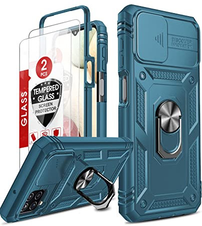 LeYi Hülle für Samsung Galaxy A12/M12/A12 Nacho Objektivschutz Schutzhülle & 2*Schutzfolie, Militärische Rüstung Ringhalter Hybrid Case Kamera Klappe Protective Handyhülle Handy Hüllen Cover Blau