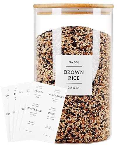 HHMJSM 1 Gallon Large Glass Food Storage Containers With Airtight Bamboo Lid - Kitchen Glass Storage Jars Canister With 42 Pantry Labels - Thicken Big Clear Rice Containers For Your Pantry