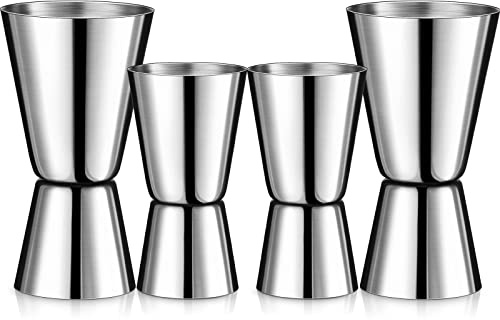 4 Pcs Double Cocktail Jigger 2 Size Stainless Steel Japanese Style Bar Measuring Jigger Cocktail Alcohol Measuring Tools for Bartender Bartending, 1/2 oz and 1 oz, 1 oz and 2 oz, Silver