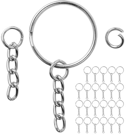 Schlüsselringe mit Gliederkette und Biegering, 24 Pack, in Silber-farben, Ø 25 mm Schlüsselring, 27 mm lange abnehmbare Kette mit offenem Ring, für Schlüsselanhänger, Schmuckherstellung, Basteln, DIY