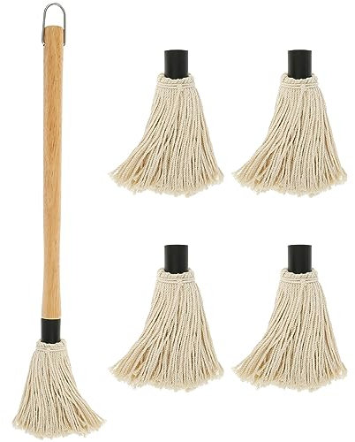 Barbecue Basting Brushes, Grill Basting Mop with 4 Replacement Heads Basting Brush for Grilling, BBQ Mop with Wooden Handle Dishwasher Safe Barbecue Basting Brushes for BBQ Sauce Smoking Steak(1pcs)