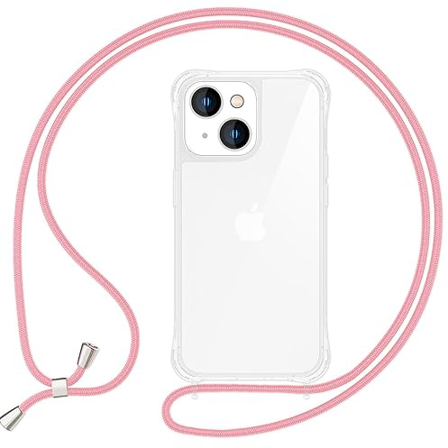 NALIA Handykette für iPhone 15 - Transparentes Hybrid-Case & Band - HANGIT PRO (Anti-Gelb Rückseite & Verstellbar) - Marke aus Berlin, Farbe:Rosa