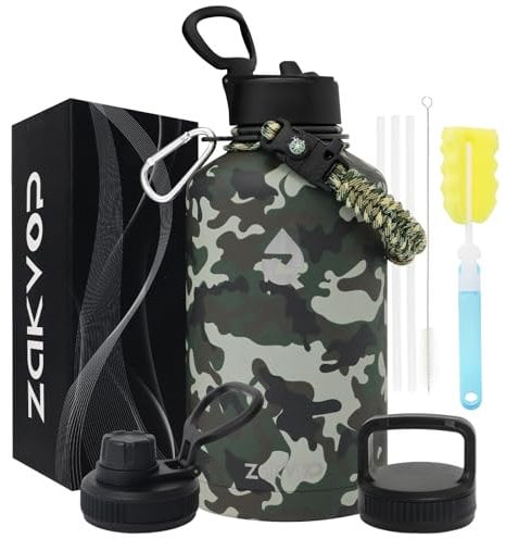 ZAKVOP Gourde Isotherme 2l, Bouteille Isotherme avec Pailles et 3 Couvercles, Gourde Inox avec Poignée en Paracorde, Gourde 2l Étanche Sans BPA
