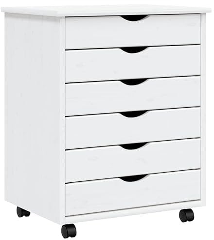 vidaXL Rollschrank, Rollcontainer mit 6 Schubladen, Kommode Schubladenschrank mit Rollen, Büroschrank Aktenschrank Rollwagen, Weiß Massivholz Kiefer