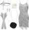 PLULON Damen 1920er Gatsby Pailletten Fransen Vintage Flapper Kleid Cocktailpartykleid mit 20er Jahre Accessoires Kostümset für Abendball (Grau)