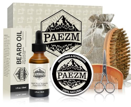 5-teiliges Bartpflege-Set für Männer, einschließlich natürlichem Bartöl, Bartbalsam mit Sandelholzduft, Bürste, Kamm, Schere, Aufbewahrungstasche, Bartpflege-Set als Weihnachts-, Geburtstags- für Ihn