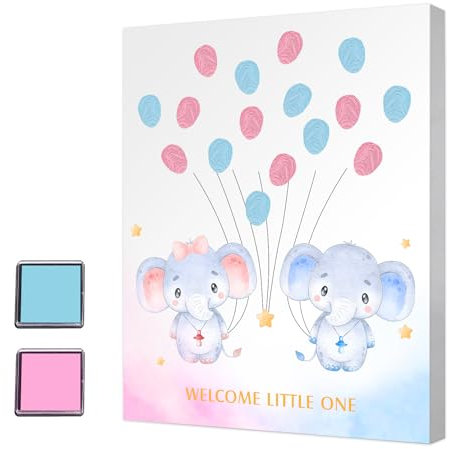 YANSYUN Gender Reveal Party Fingerabdruck Baum, Elefant Thema Baby Shower Geschlecht enthüllen Fingerabdruck Gästebuch, Gender Reveal Baby Shower Party Ideen Geschlecht Offenbaren Andenken Dekoration