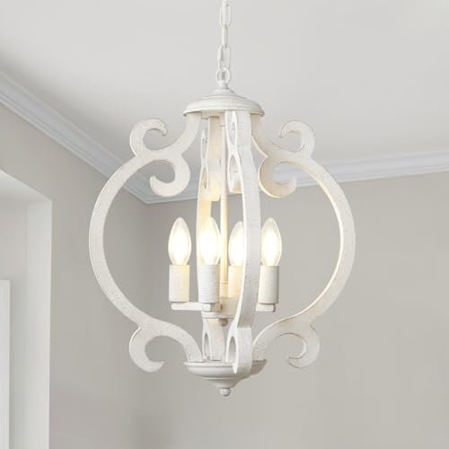 LynPon 4 Lights White Farmhouse Chandelier Ceiling Light Rustic French Light Fittings Ceilings Hanging, Antique Vintage Wood Pendant Light for Dining Room Kitchen Living Room Bedroom Hallway