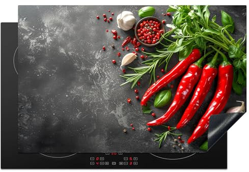 KitchenYeah© Herdabdeckplatte 80x52 cm Einteilig Ceranfeld Abdeckplatte für Induktionsschutz Ceranfeldabdeckung Vinyl Herdabdeckplatten Chilischoten - Beton - Knoblauch - Küche