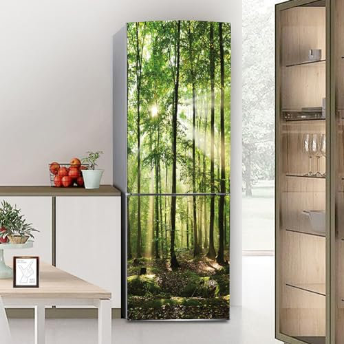 Fridge Wraps Kitchen Fridge Stickers Cover Full Doors, Fridge Sticker Full Covering Door Fridge Covers Skins Wall Stickers for Kitchen Decal, Green Woods Sunlight Nature Tree