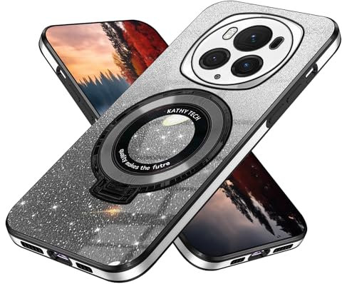 Wousunly Funda para Honor Magic 6 Pro de silicona con purpurina, funda para teléfono móvil Honor Magic 6 Pro con anillo magnético, resistente a los golpes, ligera, fina, antideslizante, color negro