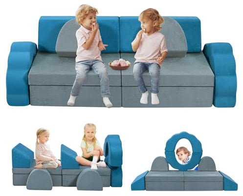 nmoiww Kindersofa, 10-teiliges Schaumstoff-Baustein-Kinderspielsofa, modulares Kindersofa in Mehreren Stilen, faltbar, 2 Sitzer, für Schlafbereich und Kinderspielzimmer (Graublau)