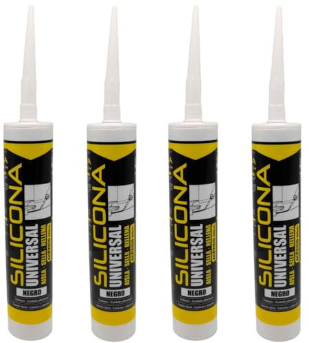 Tradineur - Pack de 4 botes de silicona universal en cartucho, sellador de juntas con cánula, rellenador, alicatados, cocina, baño, ventanas, bricolaje, fabricado en España (Negro, 280 ml)