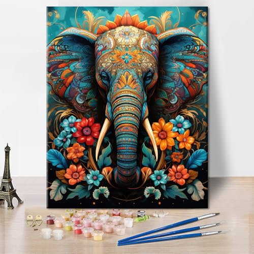 TISHIRON Kit de peinture par numéros pour adultes, peinture d'éléphants par numéros, fleurs pour adultes, éléphants colorés, décoration murale pour la maison, cadeau d'art idéal pour les enfants, 40 x