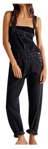 Womens Denim Dungarees Ladies Adjustable Strap Black Denim Jumpsuit Classic Sleeveless Long Straight Leg Overall Casual Fit Rompers Pants with Pocket Loose Bib Playsuit Jeans Trousers