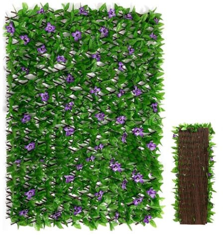 CAASFOOY Clôture artificielle avec fleurs, décoration fausse feuille de lierre, panneaux de treillis de jardin extensibles, clôture extensible pour la vie privée, haies artificielles