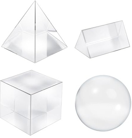 A set of 4 K9 optical crystal photography prisms, 50-60mm crystal balls, crystal cubes, triangular prisms, and optical pyramids, used for scientific physics, gaming, and photography teaching