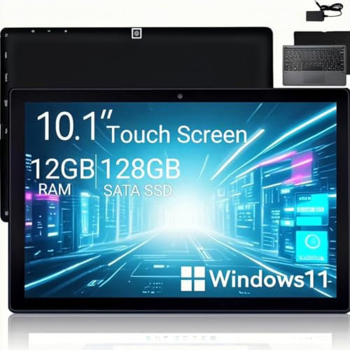 HONGSAMDE 2025 2 in 1 10.1 Inch Windows Tablet, Winsows11 Pro Tablet PC,Intel Celeron J4125,12GB RAM 128GB SSD,1280x800 IPS FHD Touch,with Mini HDMI/5GWiFi/Bluetooth/USB3.0/Dual Cameras/Keyboard