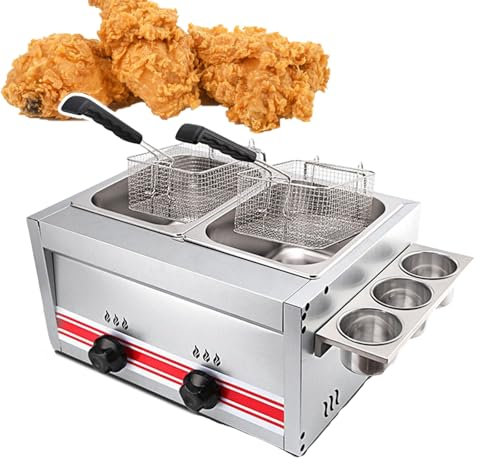 pedenencelia 20l Commercial Gas Deep Fryer, Dual Basket Deep Fryer-With 2 Lids, Temperature Can Be Freely Adjusted,Stainless Steel Body-For Restaurants, Kitchens, And Stalls