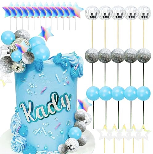 JeVenis Blue Disco Balls Cake Topper Dancing Queen Cake Topper 80s Cake Decorations Silver Blue Cake Decorations Disco Ball Cake Toppers