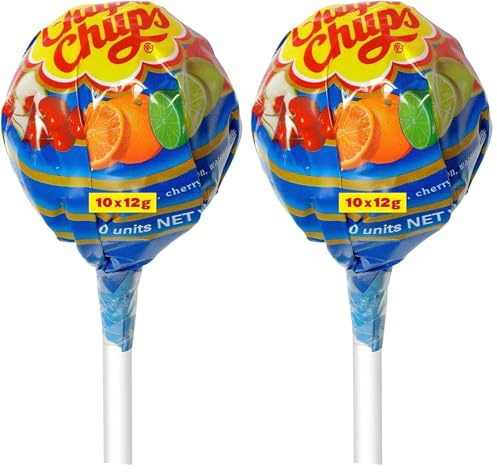 Chupa Chups Mega Lutscher, XXL Lolli enthält 10 Mini Frucht-Lollis in 6 Geschmacksrichtungen, in drei Farben erhältlich, passend für Geburtstag & Weihnachten (Packung mit 2)