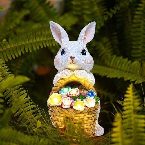 Solar Osterhasen Figuren aus Harz, Osterhasen Solarlampe Deko, Osterdeko Gartendeko für Draußen, Osterhase Solarleuchten für Ostern Geschenke Kinder Erwachsene, Harz Osterdekoration Hase Figur (Weiß)