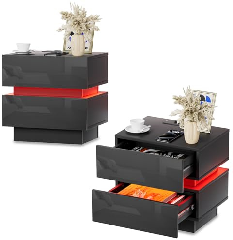 Lvhcmfohm 2er Set Nachttisch mit Steckdose, Nachtschrank mit led und ladefunktion, Nachtkommode mit 2 Schubladen (45x35x46cm, Schwarz)
