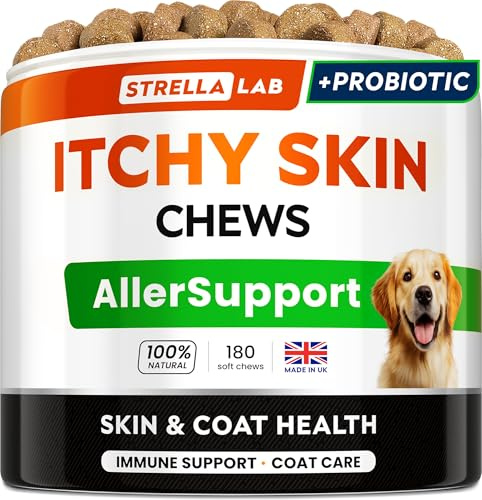 STRELLALAB Allergy Support Chews for Dogs with Omega 3 Fish Oil - Itchy Skin Support Immune Supplement - Skin & Coat Health - Made in UK - Stop Itch & Hot Spots - Pork Flavor - 180ct
