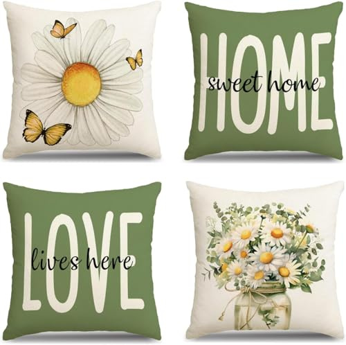 APRPOPHIC Blumen Kissenbezug 45x45, 4 Teiliges Set von Grün Blumen Sommer Dekorative Kissenbezüge, Frühlingsdeko Kissen Kissenbezug aus Leinen Geeignet für Schlafzimmer, Wohnzimmer, Sofas