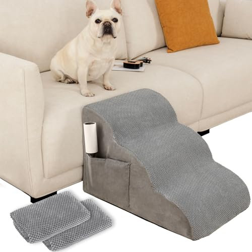 FURRYPAWS Dog Steps for Bed Non-Slip Pet Stairs for Sofa 3-Step with 2 Removable Washable Covers, 2 Storage Pockets, 1 Carrying Handle & Lint Roller for Samll or Older Pets
