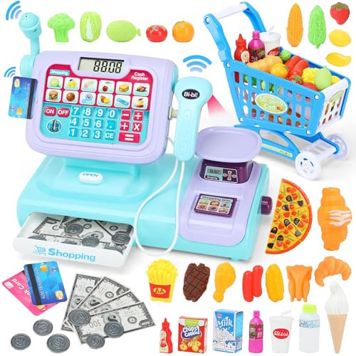 Kinder Kasse Spielzeug mit Scanner, Elektronische Registrierkasse mit Mikrofon Sound Rechnerfunktion, Kaufladen Zubehör Rollenspiel für Kinder ab 3 4 5 Jahren