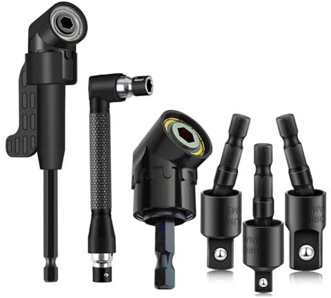 Runioney 6Pcs Right Angle Drill Attachment Set with 105° Angle Drill Adapter and Impact Grade Socket Adapter