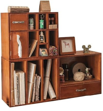 LYUCAYHQ Schreibtisch Aufsatzregal, Vintage Schreibtischregal aus Massivholz, Lagerregal mit Mehreren Fächern, Schubladen und Taschentuchbox, Retro-Dekoration für Das Homeoffice